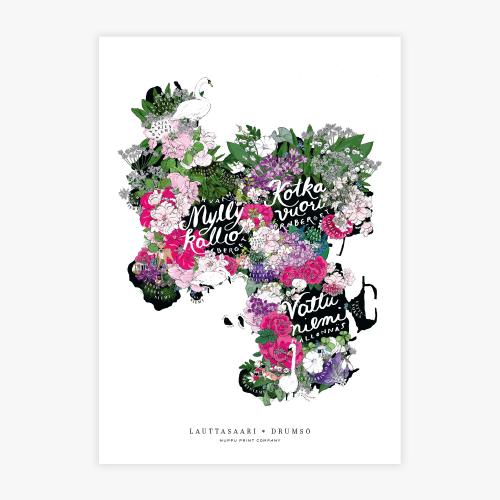 Ennakko: Lauttasaarien kukkakartta printti, A3, valkoinen
