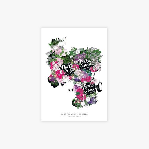 Ennakko: Lauttasaaren kukkakartta printti, A4, valkoinen