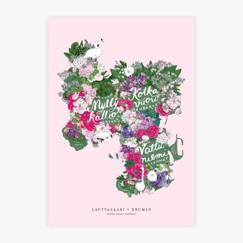 Lauttasaari blomsterkarta konsttryck, A3, rosa