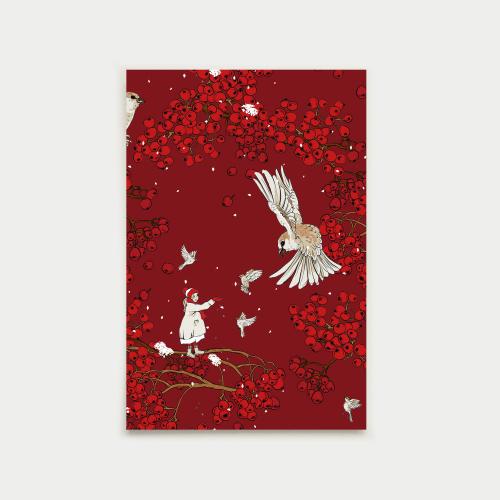 Tyttö ja varpunen postcard, Christmas red