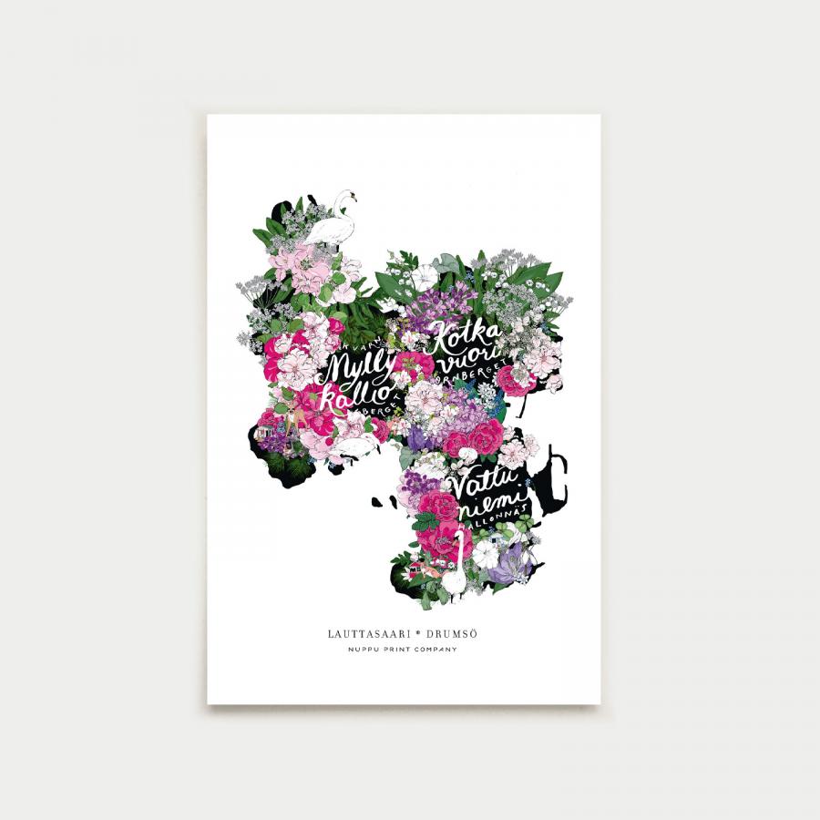 Lauttasaaren kukkakartta postikortti, valkoinen